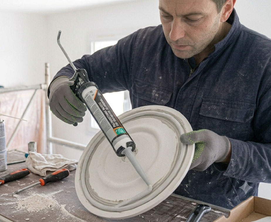 Un homme appliquant un cordon de colle sur une rosace de plafond