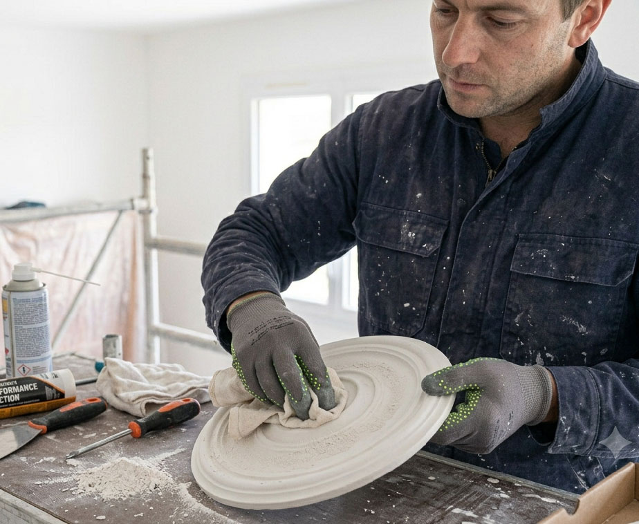 Une homme nettoyant la rosace de plafond