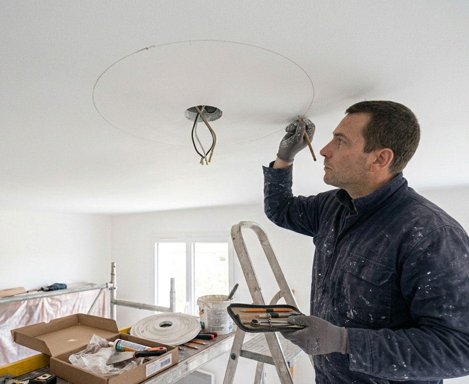 Une homme faisant des tracés pour l'installation de la rosace de plafond