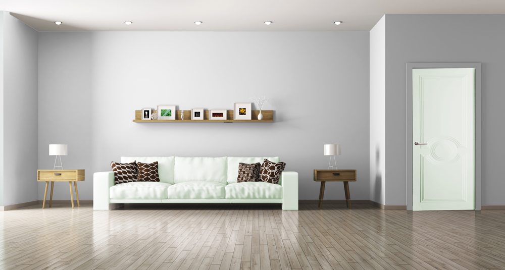 Un grand salon meublé avec un mur blanc, un canapé et une porte de couleur blanche