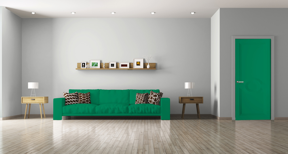Un grand salon meublé avec un mur blanc, un canapé et une porte de couleur verte