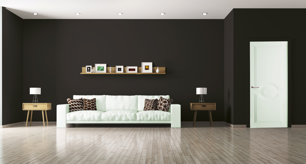 Un grand salon meublé avec un canapé et une porte blanche et un mur noir