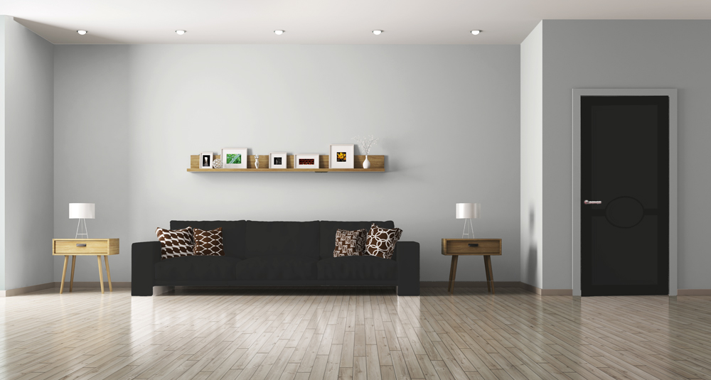 Un grand salon meublé avec un mur blanc, un canapé et une porte de couleur noire