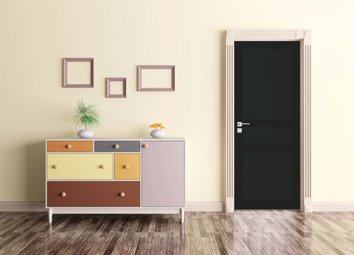 L'entrée d'une pièce comportant un sol avec un parquet, un meuble de plusieurs couleurs et une porte de couleur noir