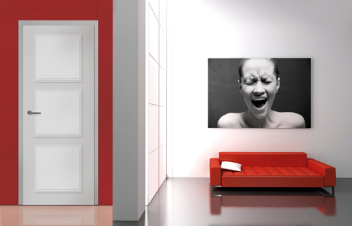 L'entrée d'une maison avec un mur et canapé avec une ambiance moderne couleur rouge et un tableau comportant une femme qui crie