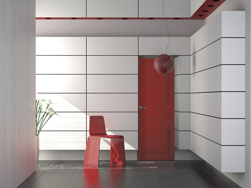 L'entrée d'une maison ou appartement avec une décoration moderne rouge et blanche